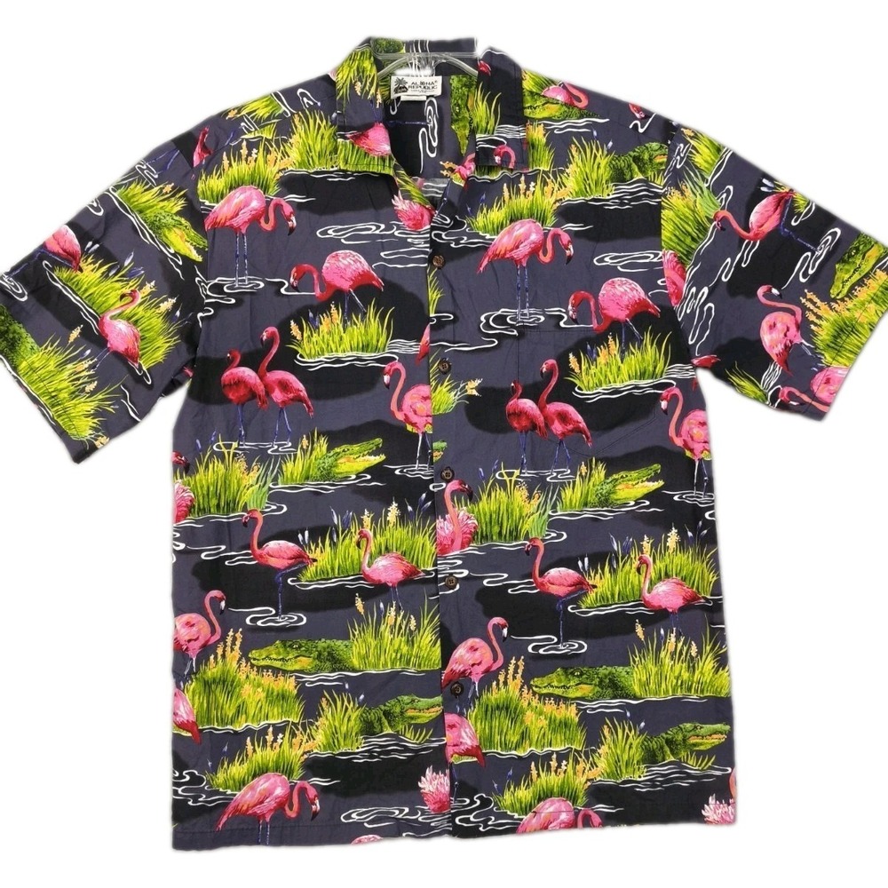 Aloha Republic Hawaiian‎ Shirt Flamingo Hawaii USA Made Large Vintage